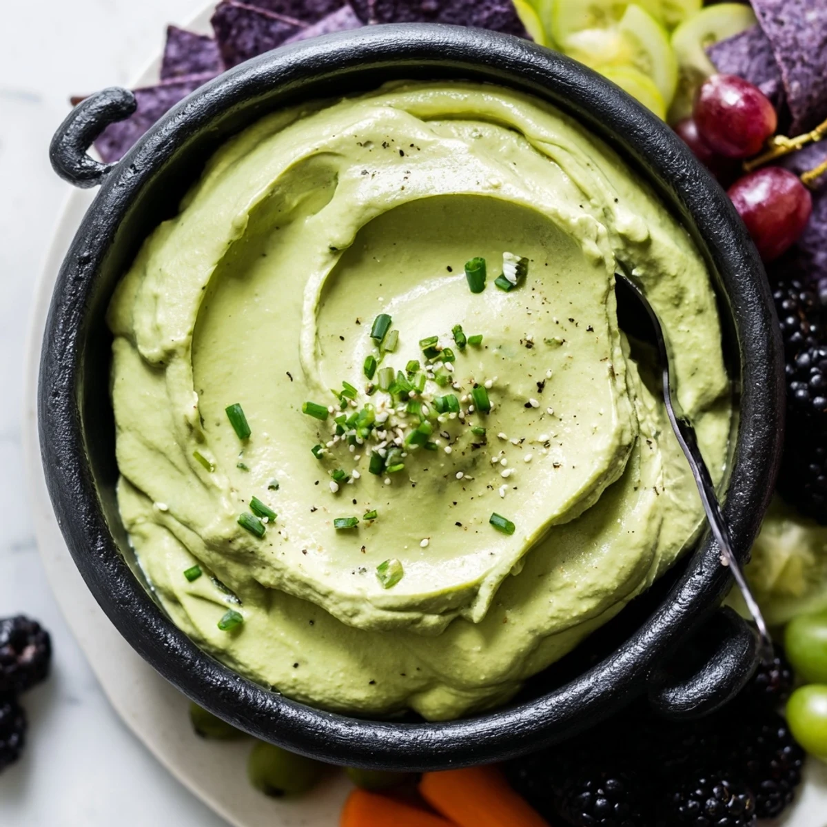 This Witch's Brew Cauldron appetizer features a smooth dip with smoky elements and tasty dippers.