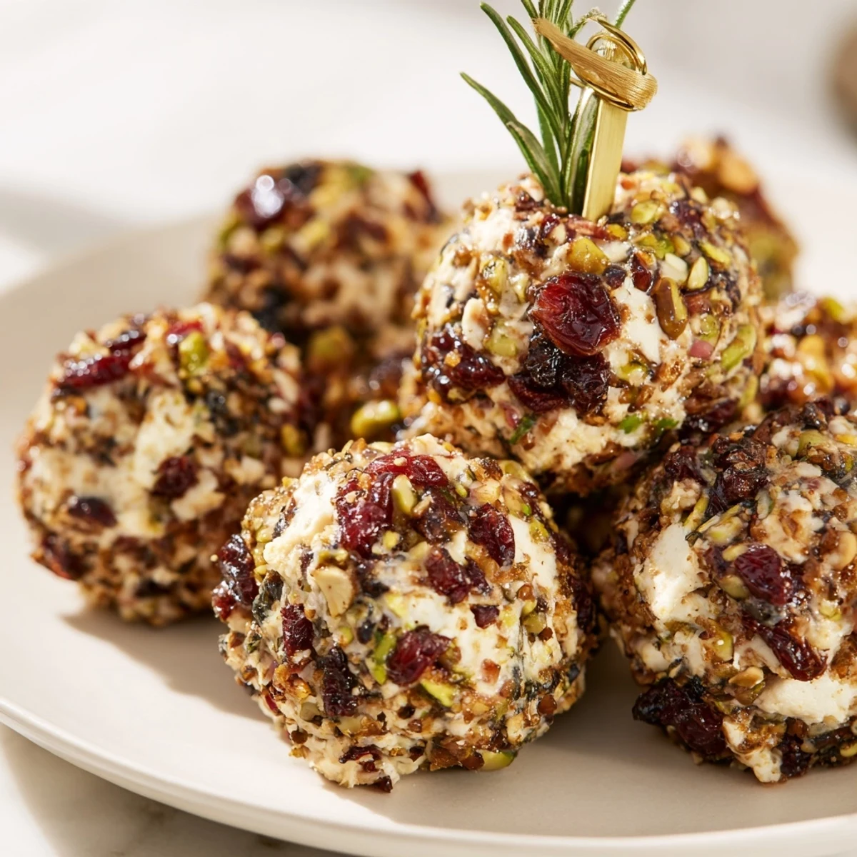 Vibrant appetizer for entertaining: mini Holiday Ornament cheese ball clusters with rosemary touches.