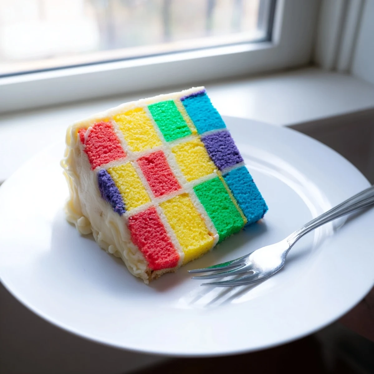 Vibrant squares of colored sponge cake form the patchwork design of this Cozy Quilt Cake.