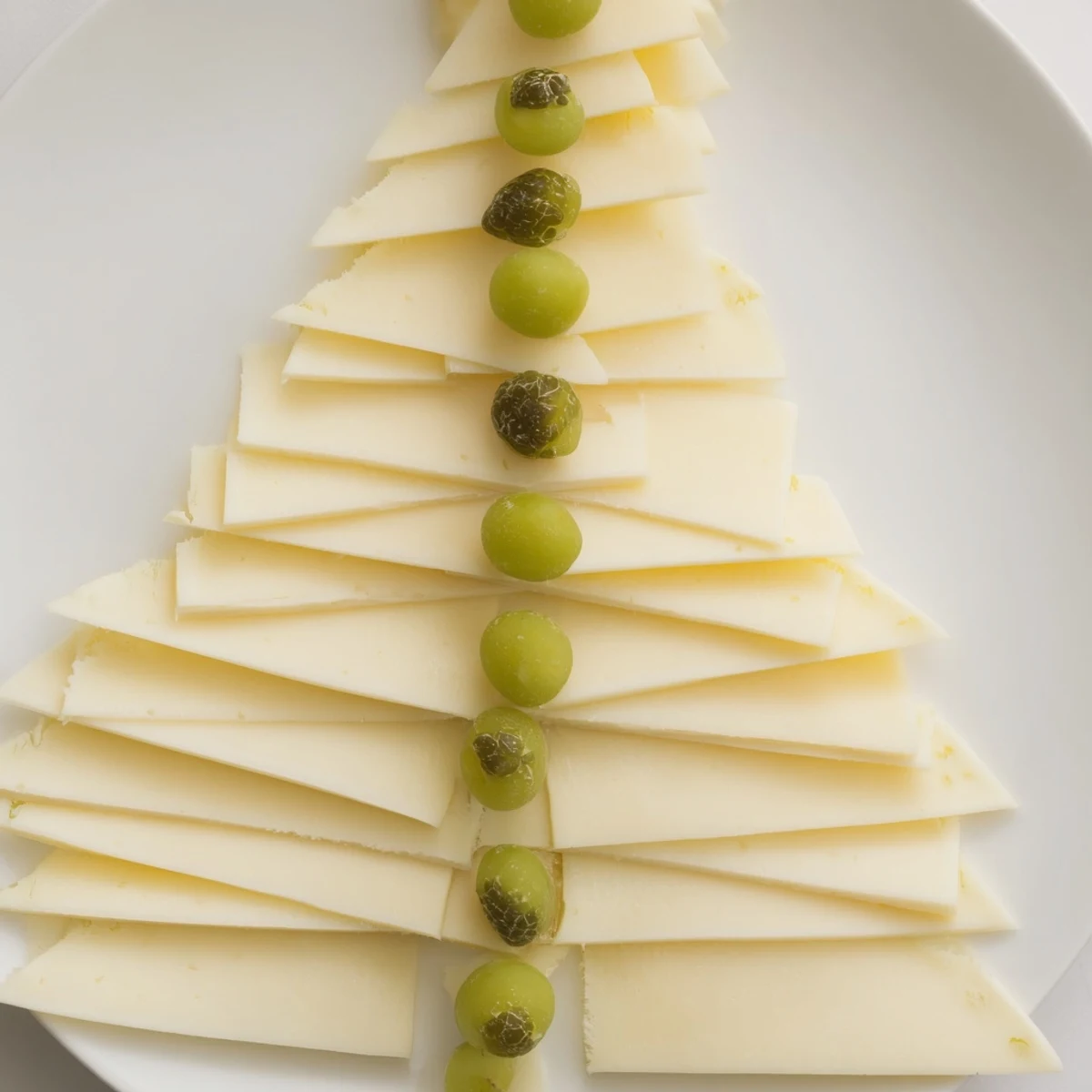 Delicious The Tannenbaum Border cheese board featuring artfully arranged cheese "trees" and fresh green grapes for a holiday appetizer.