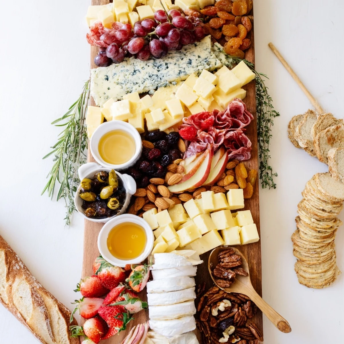 A bountiful The Waterfall Edge Grazing Board cascades with cheeses, meats, and brightly colored fruits.
