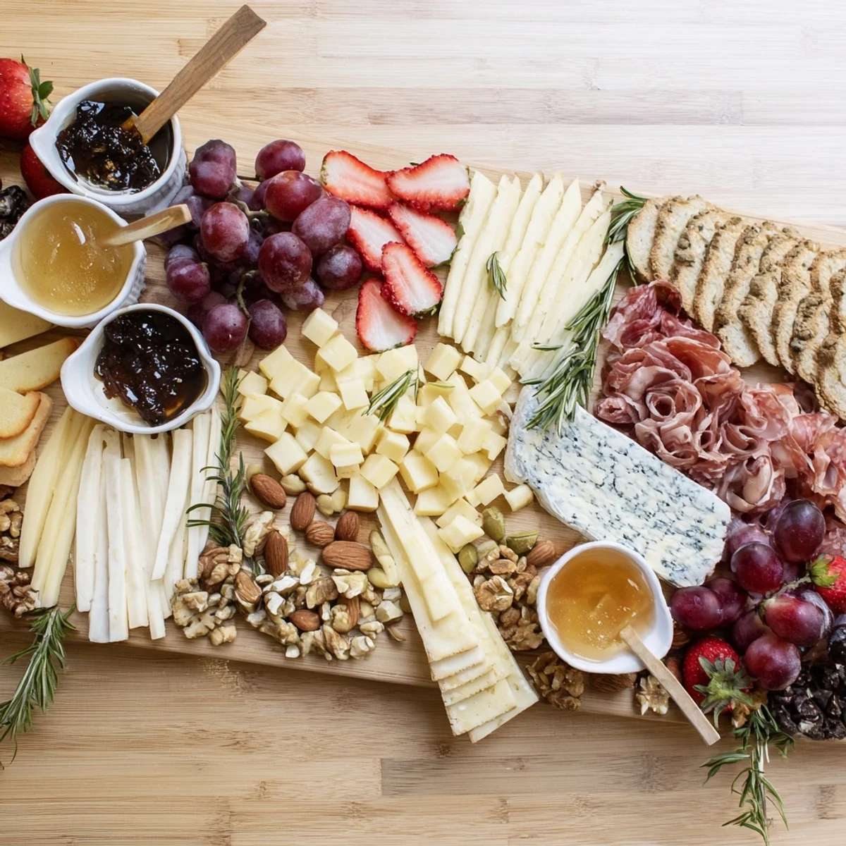 Artfully arranged The Waterfall Edge Grazing Board, a dramatic edible landscape with falling grapes and cheese.
