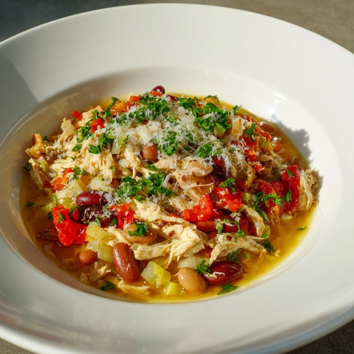 Bright and inviting, this photo shows steaming White Bean and Roasted Red Pepper Chicken, ready to be served and enjoyed.