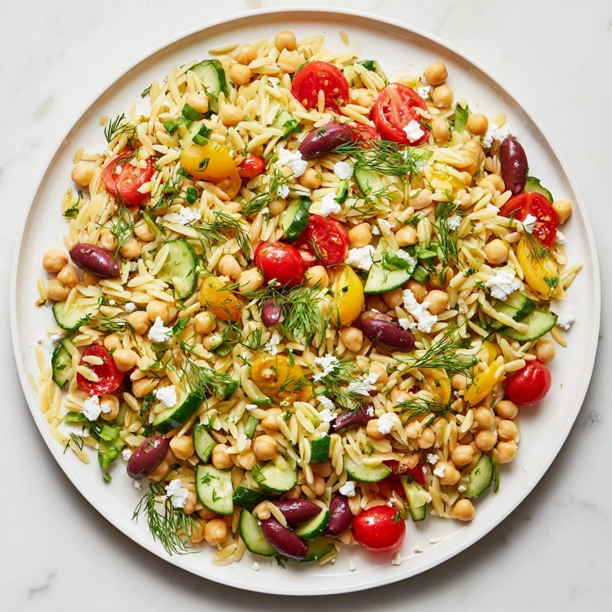 Tossed Greek Lemon-Orzo Bean Salad with bright tomatoes, smelling of zesty lemon vinaigrette.