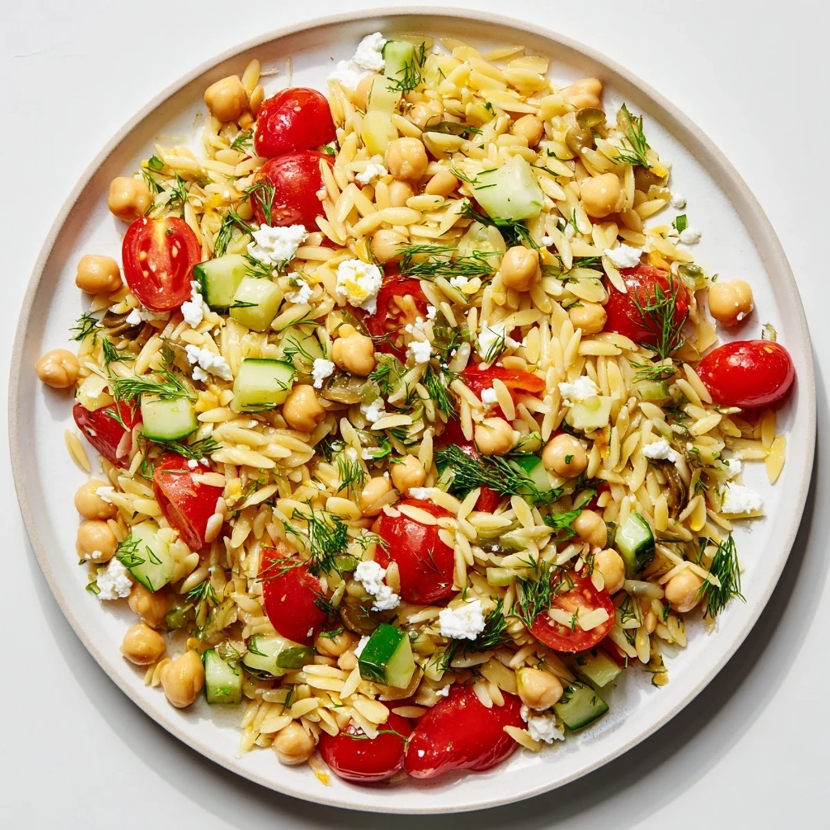 A colorful bowl of Greek Lemon-Orzo Bean Salad: Imagine fresh herbs and creamy chickpeas.