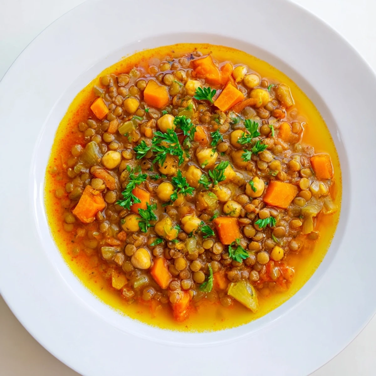 Steaming bowl of Middle Eastern lentil and chickpea stew, garnished with fresh parsley and lemon wedges.