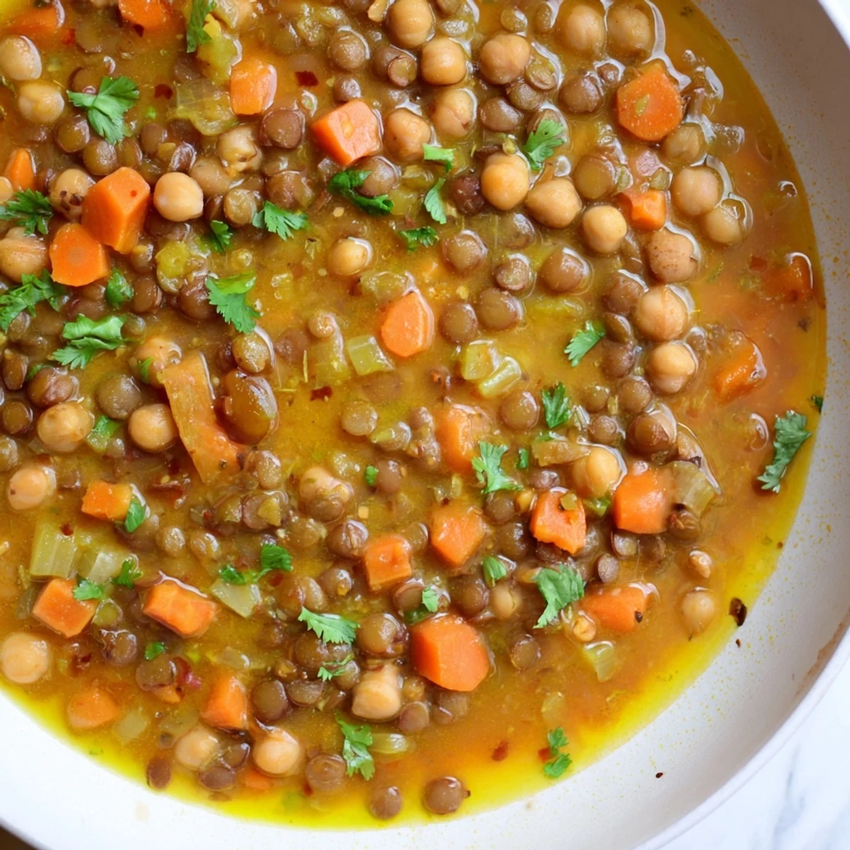 Close-up of a rustic Middle Eastern lentil and chickpea stew brimming with vegetables and spices, ready to eat.
