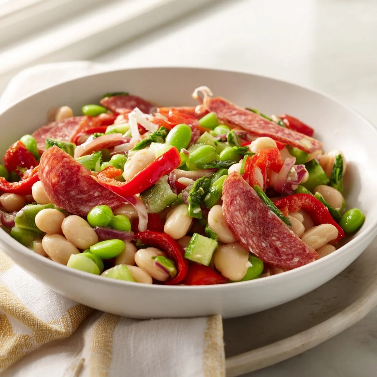 A colorful photo of the Italian Antipasto Bean Salad, brimming with savory salami and provolone.