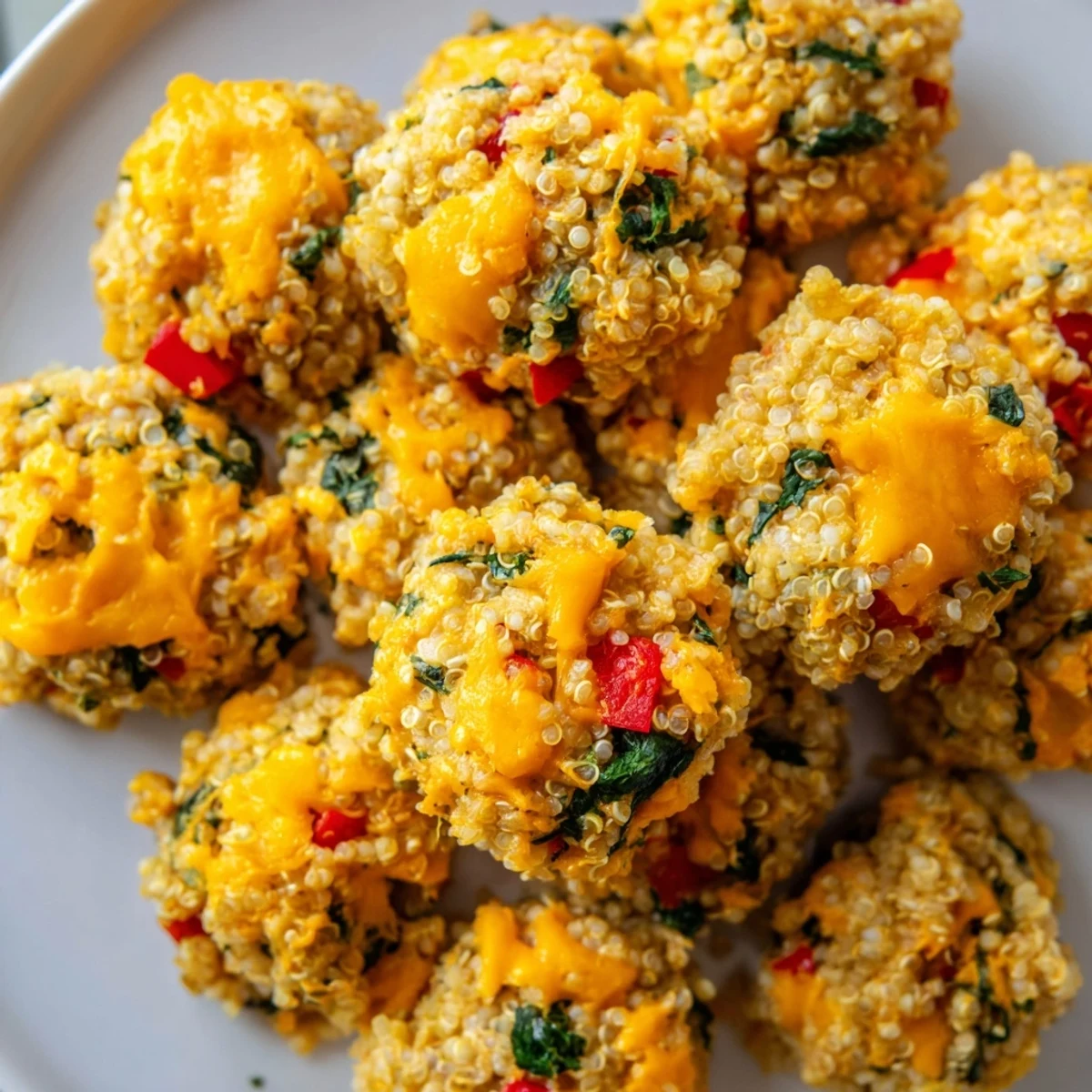 Golden-brown Baked Cheddar Quinoa Bites: a close-up shows cheesy and veggie-filled deliciousness.