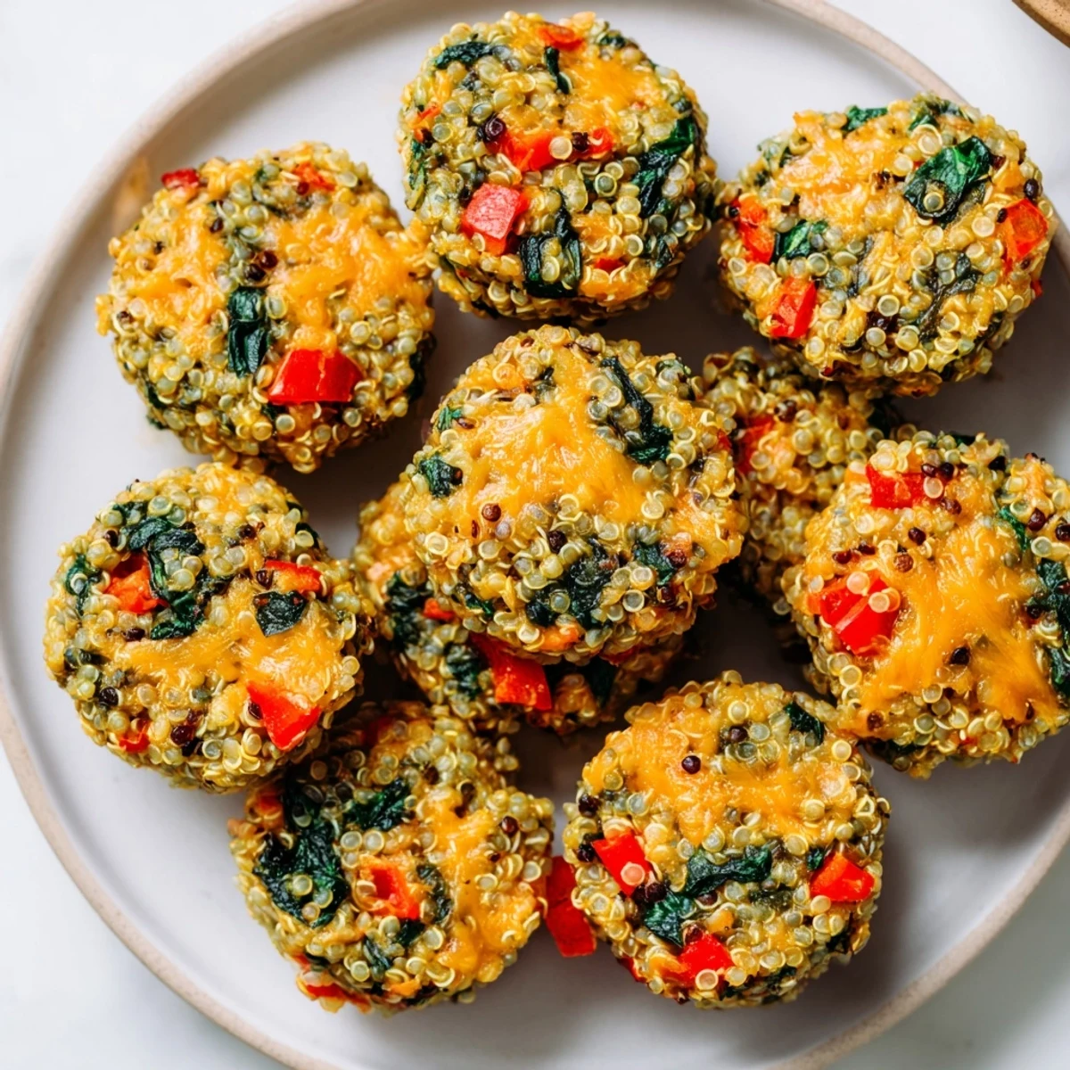 Mouthwatering, golden Baked Cheddar Quinoa Bites ready to be served as tasty, healthy snacks.