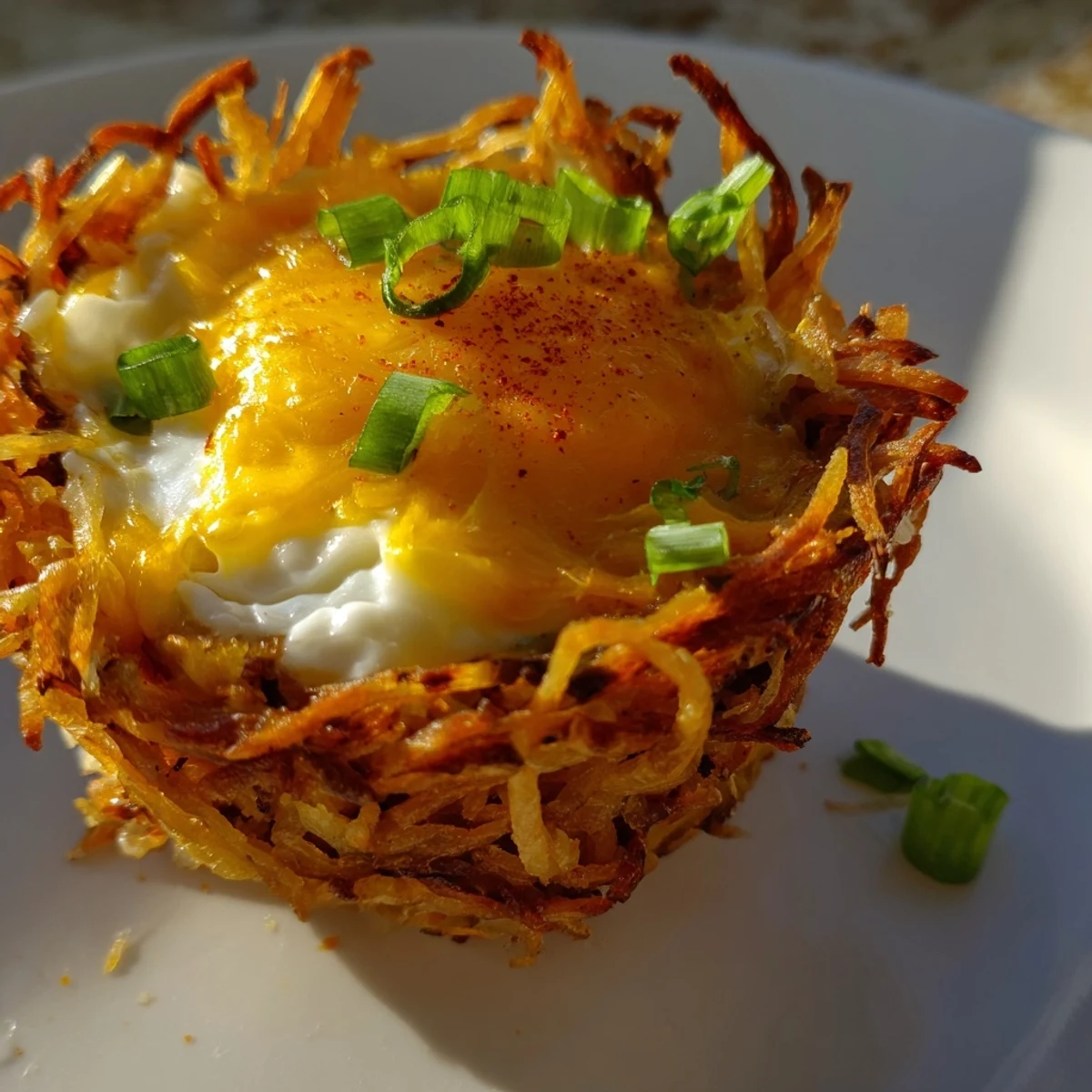 Golden, crispy Crispy Hashbrown Egg Nests overflowing with melted cheese and a perfectly cooked egg.