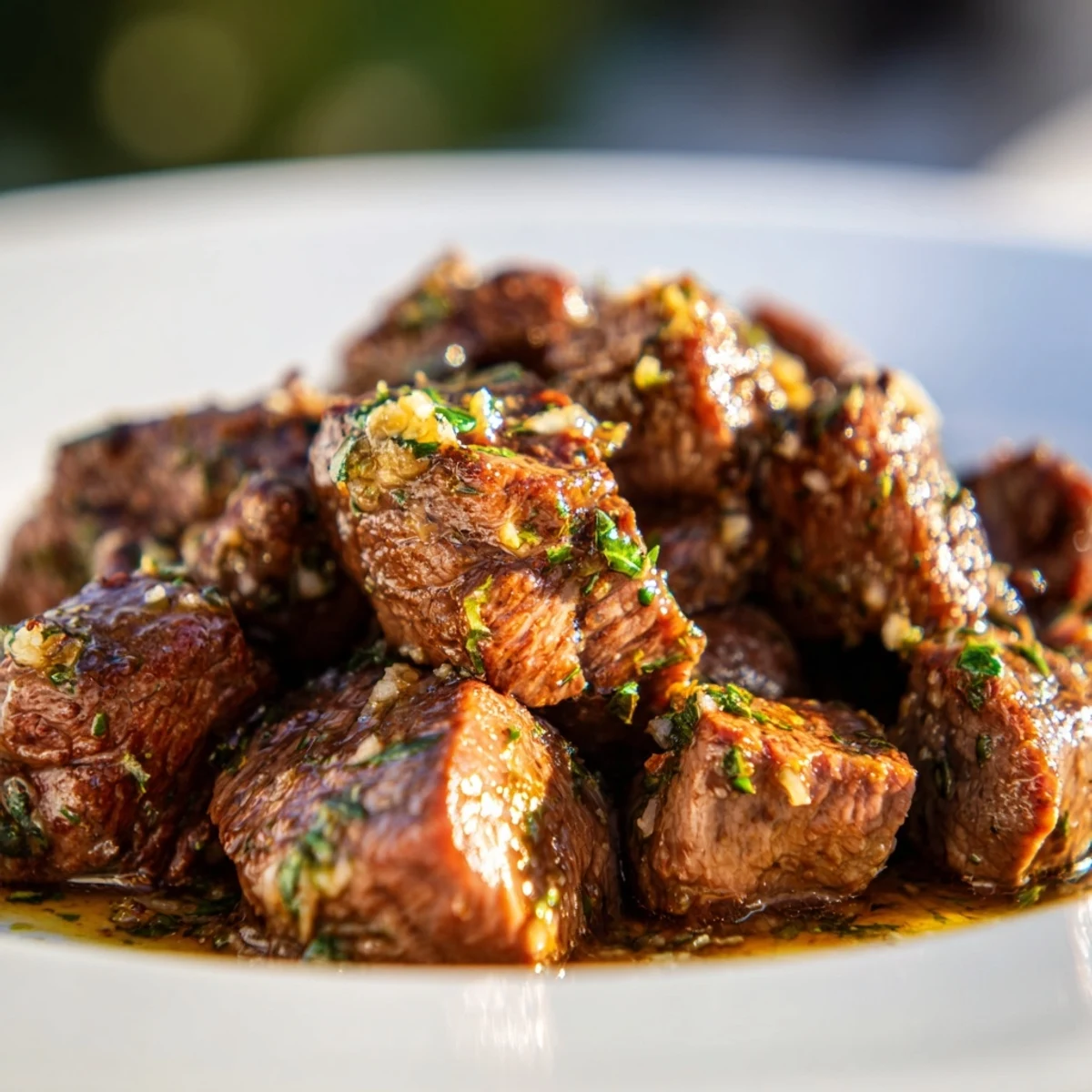 Golden-brown air-fryer garlic-butter steak bites, glistening with savory sauce, perfect for sharing.