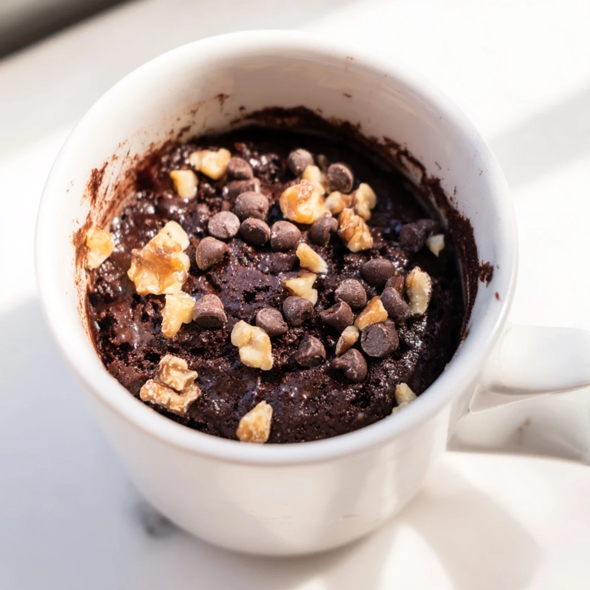 A single-serving Mug Brownie, swirled with optional chocolate chips, a simple dessert dream.