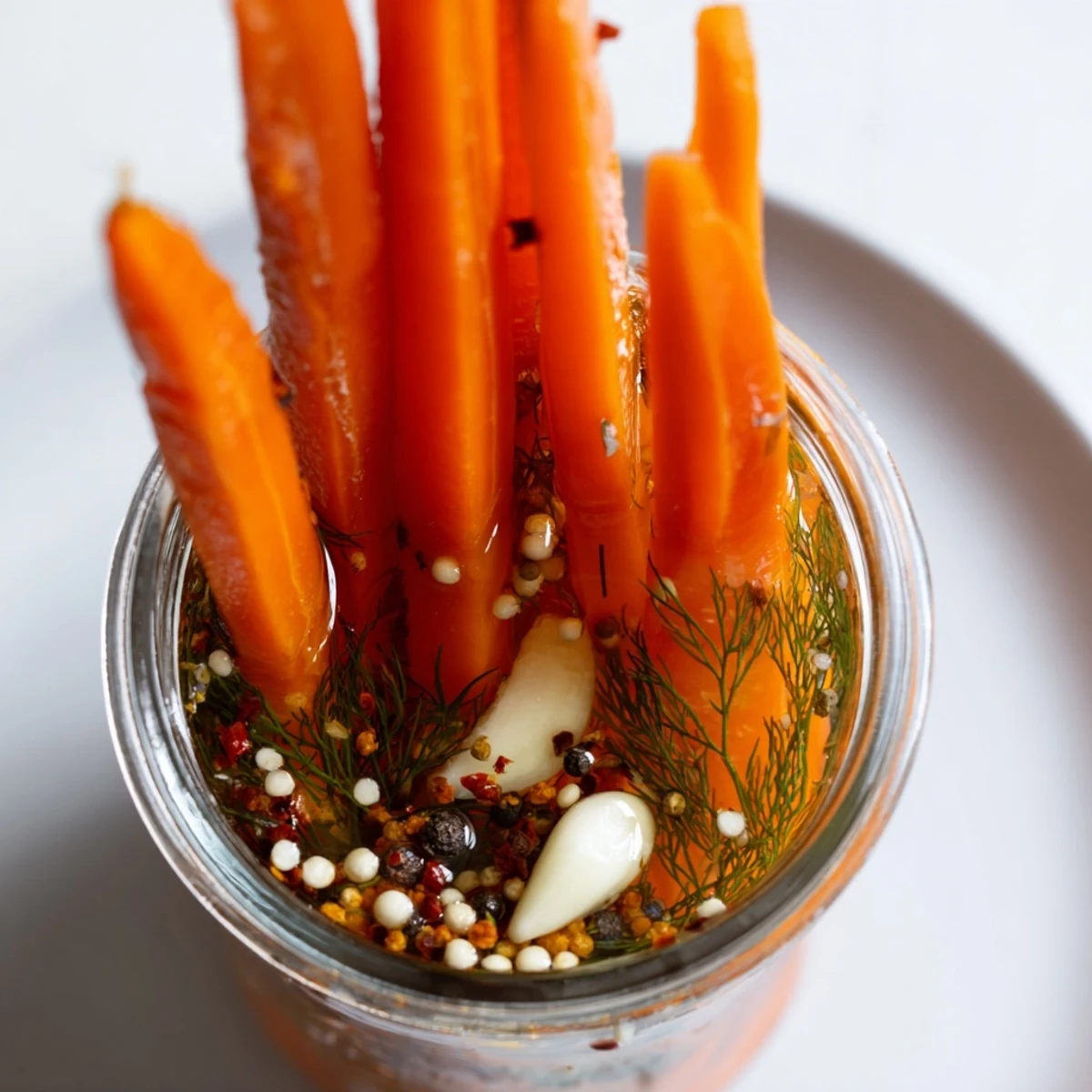Bright orange Quick Pickled Carrot Spears presented in a glass jar, ready for a tangy side dish.