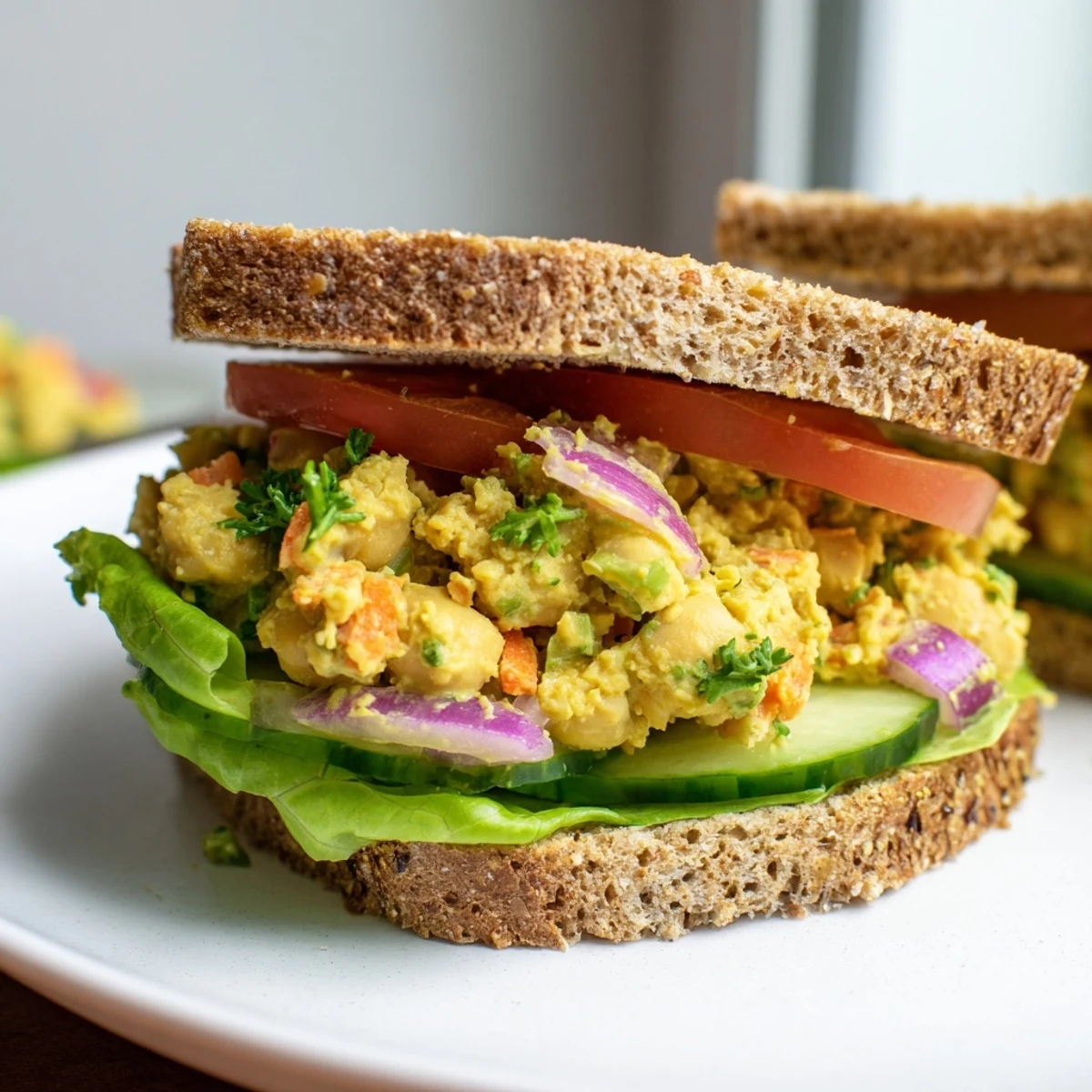 Showcasing a freshly made Easy Chickpea Salad Sandwich, ready to eat, with crunchy cucumber and tomato slices.