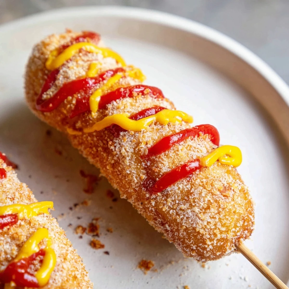 Golden, crispy Korean-inspired corn dogs, perfect handheld snacks, served with ketchup and mustard.