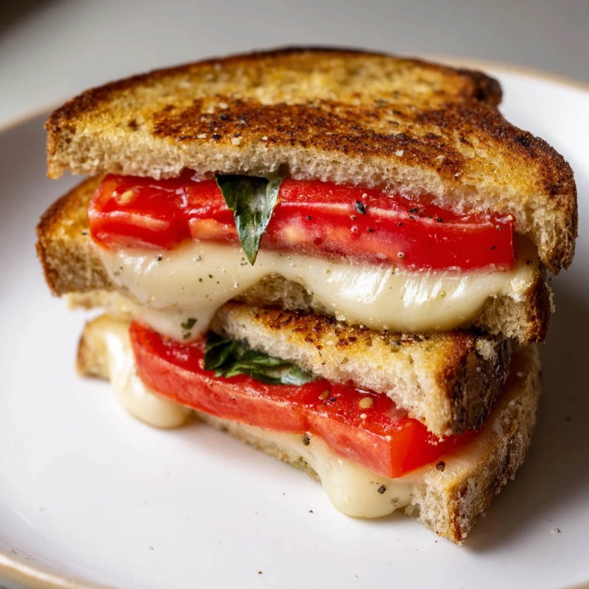 Crispy sourdough cradles a bubbly tomato basil grilled cheese with fresh basil, ready for a bite.