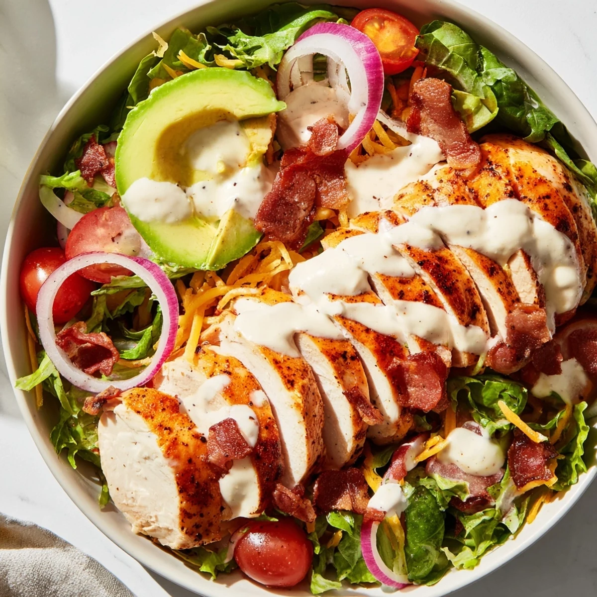 Fresh, colorful Crispy Bacon Chicken Salad with creamy ranch dressing, perfect for a satisfying lunch.