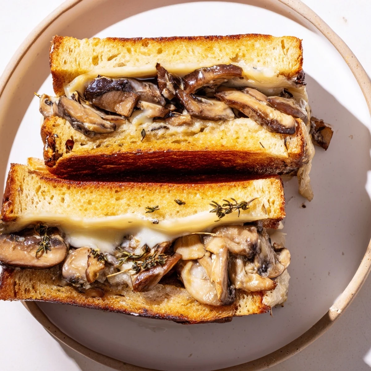 Creamy mushroom grilled cheese: golden, bubbly cheese oozes from a crusty sourdough sandwich with savory mushrooms.
