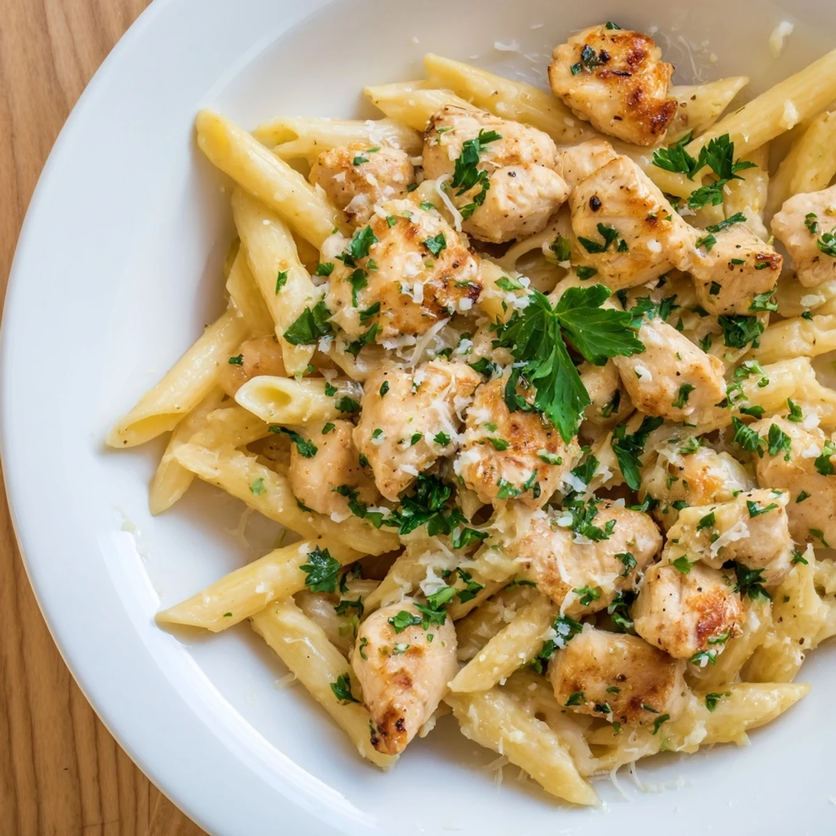 This delicious Quick Garlic Parmesan Chicken Pasta has perfectly cooked pasta, coated in a rich, cheesy sauce.