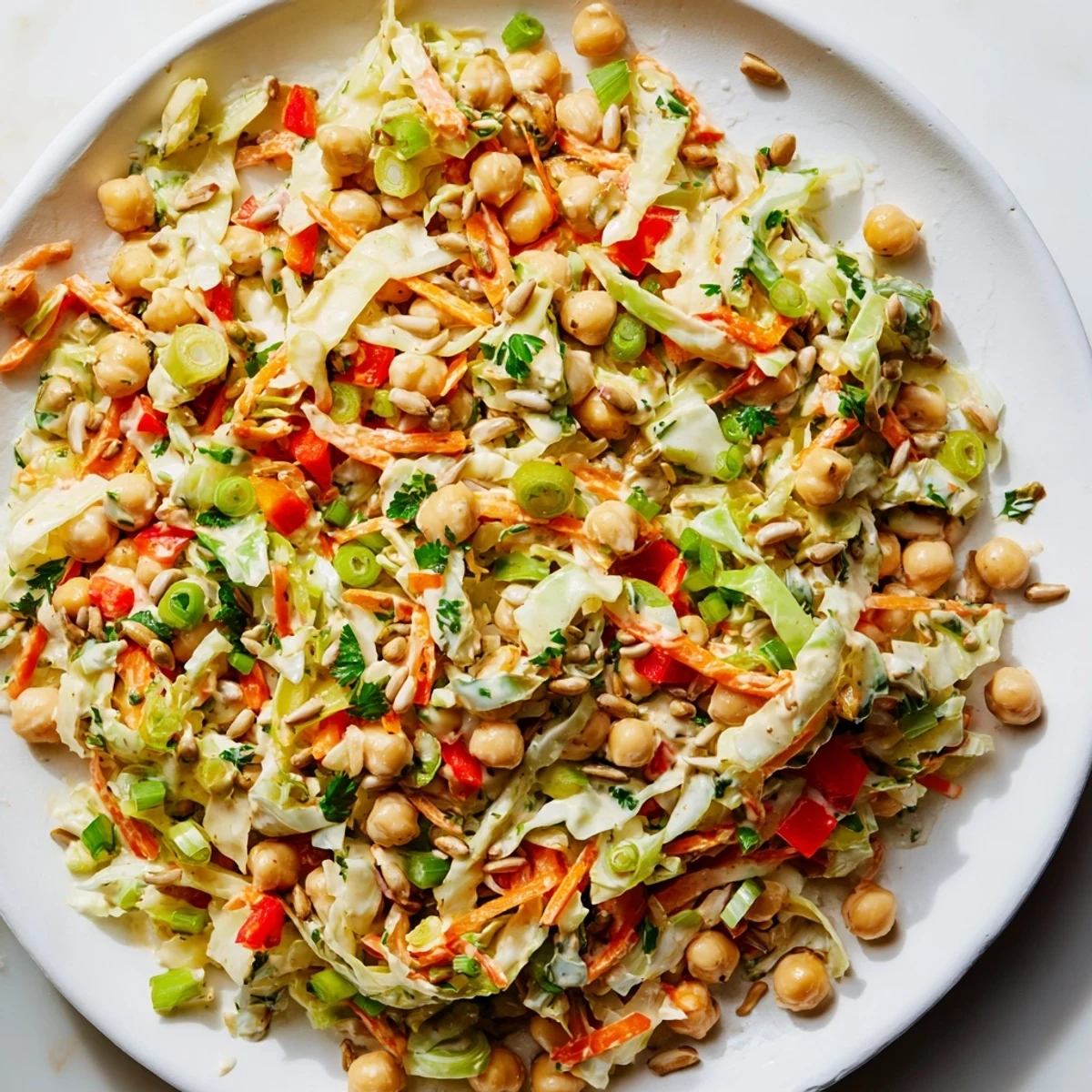 Vibrant chickpea salad showcasing tender chickpeas with fresh veggies and tahini-lemon dressing.