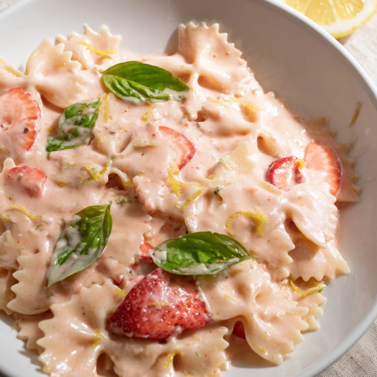 Strawberry Sour Cream Pasta, a vibrant pasta dish featuring pink sauce and fresh basil.