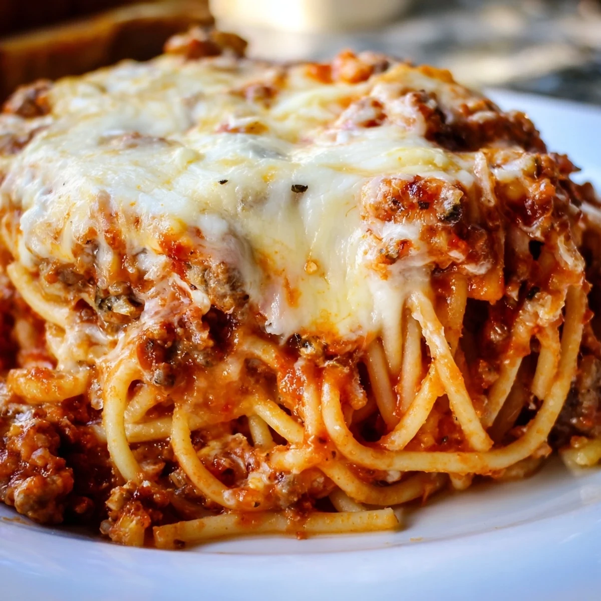 Golden, bubbly Million Dollar Spaghetti, a hearty casserole with melted cheese and rich layers.