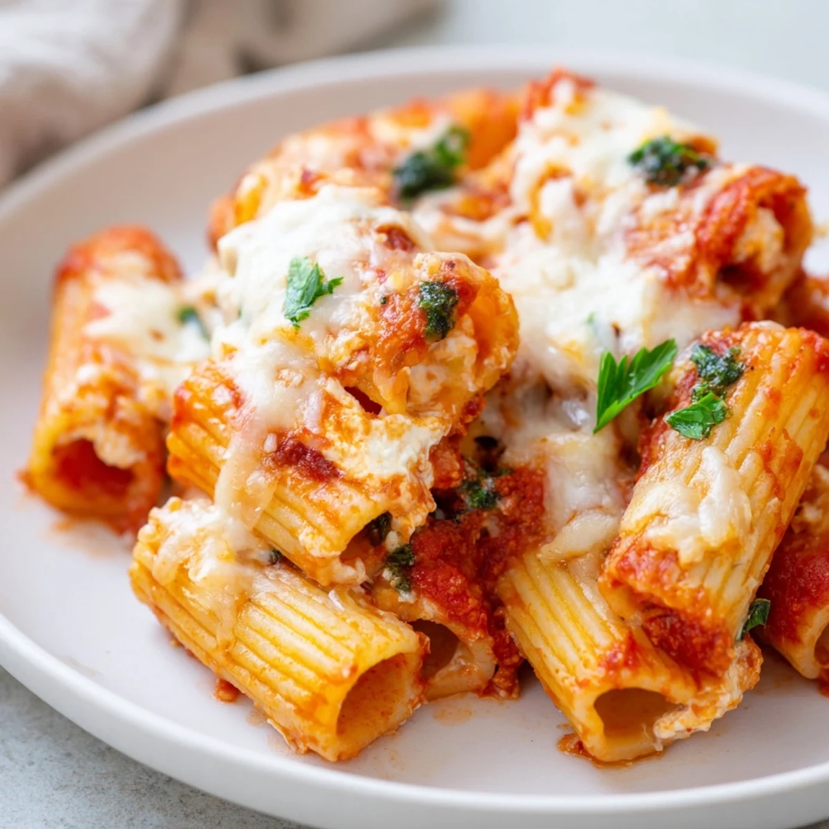 Upright rigatoni tubes filled with cheese create a visually appealing Honeycomb Pasta Bake under melted mozzarella.