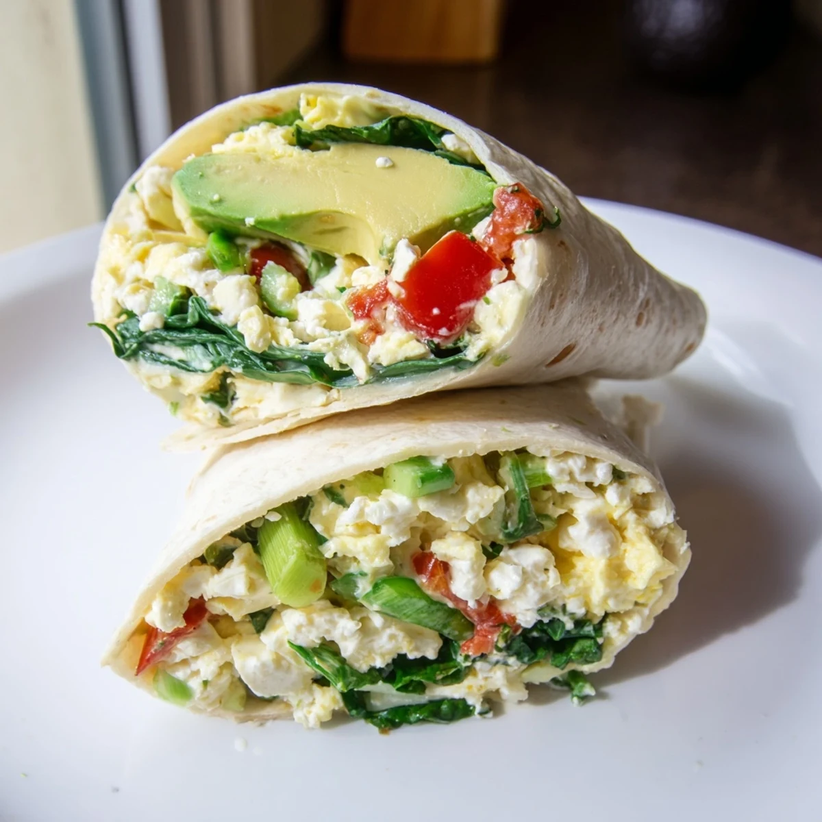 Golden-y feta egg wrap with fresh spinach and tomatoes, perfect for a quick, delicious breakfast.
