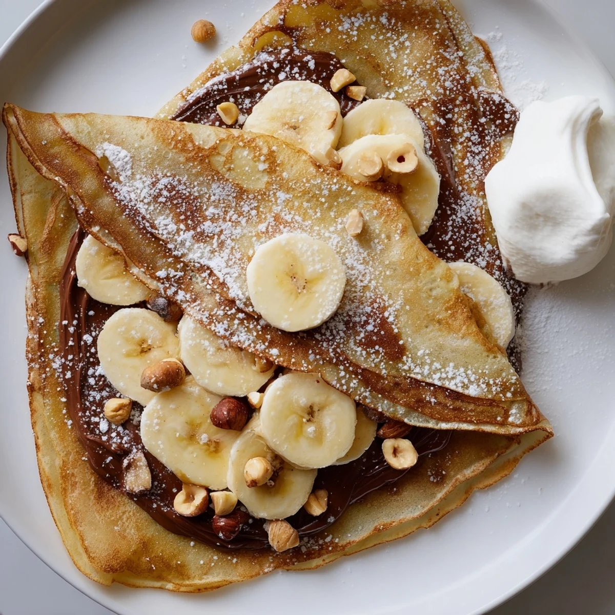 Warm, folded Banana Nutella Wrap drizzled with powdered sugar is ready for a delightful dessert.