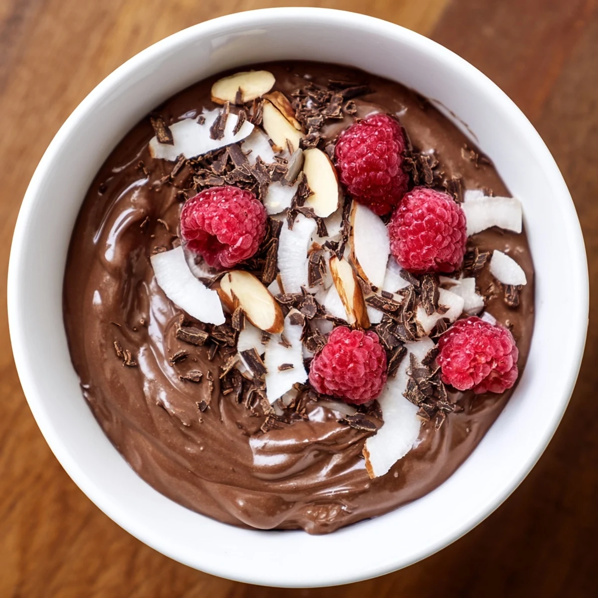 Creamy chocolate avocado mousse, rich in flavor, topped with fresh berries and dark chocolate shavings.