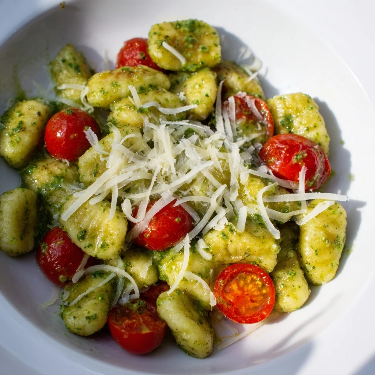 Golden, crispy gnocchi with pesto, cherry tomatoes, and Parmesan promise a delicious Italian meal.