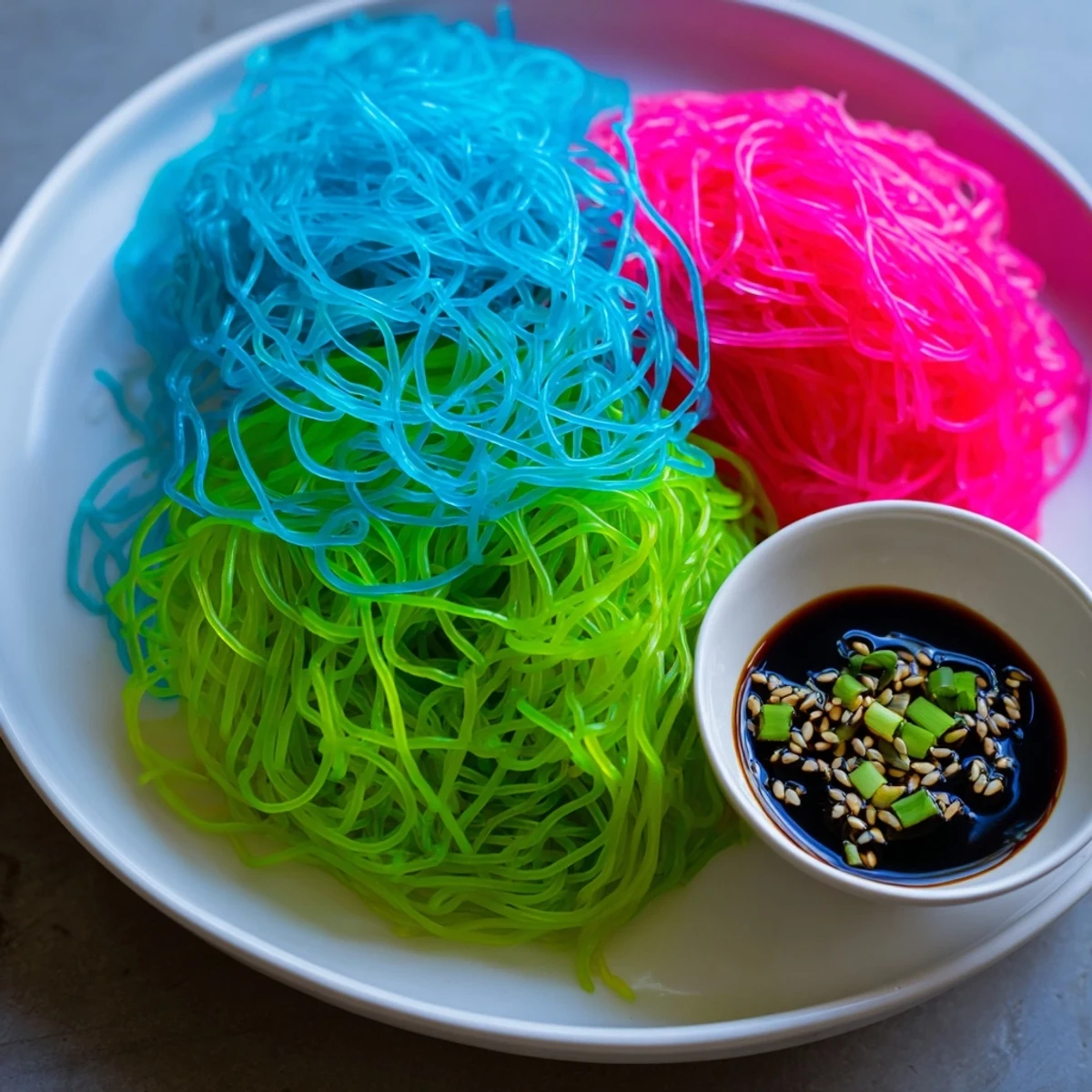 Vibrant Neon Noodle Clouds, chilled and served with a savory dipping sauce, ready to be enjoyed.
