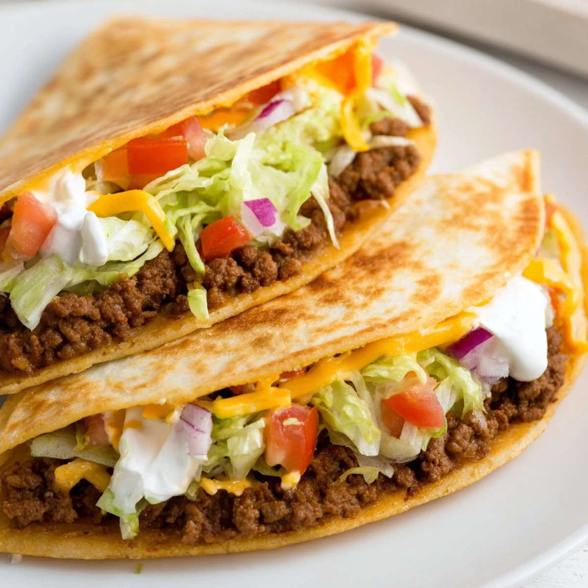 Golden-brown Taco Bell Crunchwrap Supreme, sliced open to reveal layers of seasoned beef and cheese.