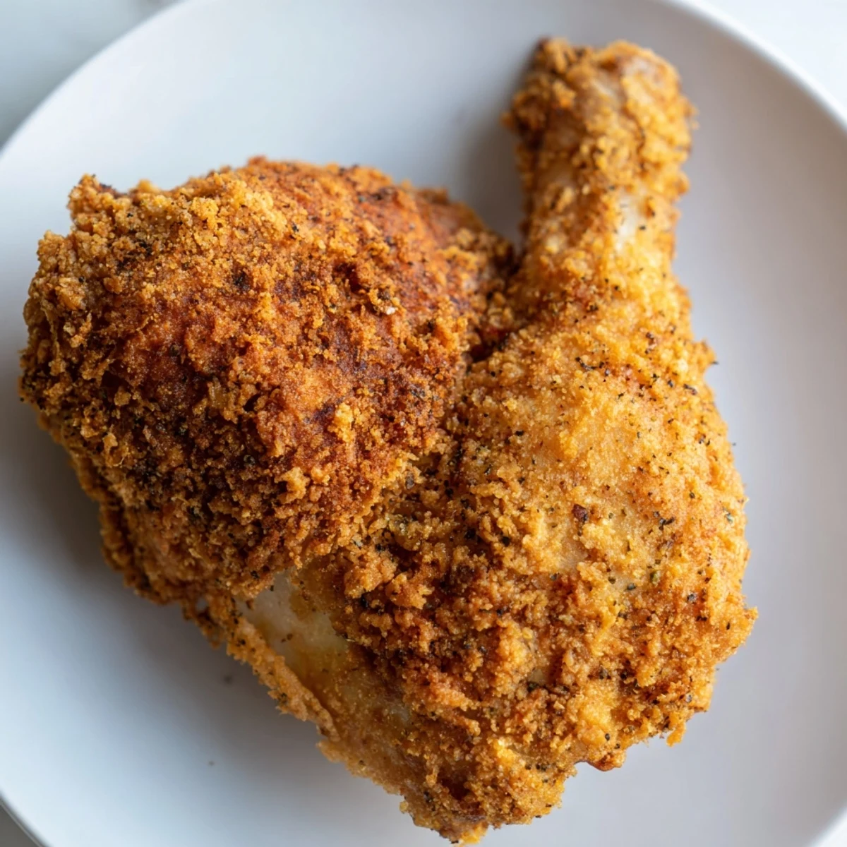 Golden, crispy KFC-style fried chicken sits ready to serve, beautifully seasoned and cooked to perfection.