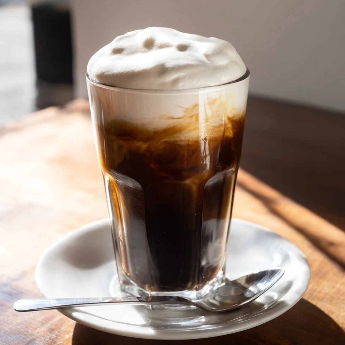 Fluffy Starbucks cold foam atop a chilled iced coffee, a delightful, creamy, and visually appealing coffee drink.