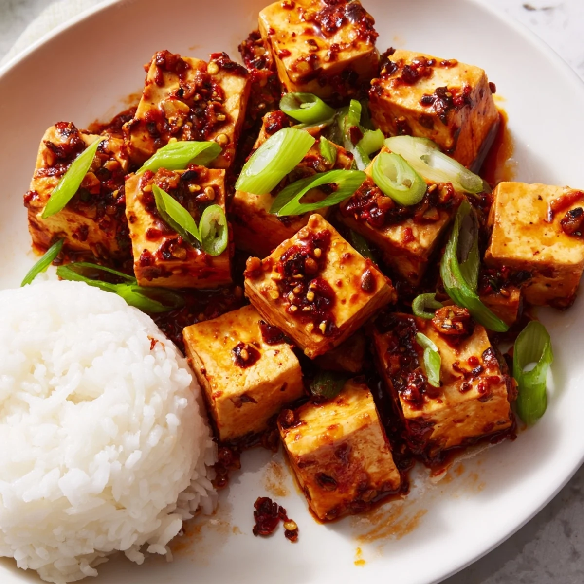 Steaming hot Chinese Mapo Tofu with soft tofu and savory sauce, ready to serve over fluffy rice.