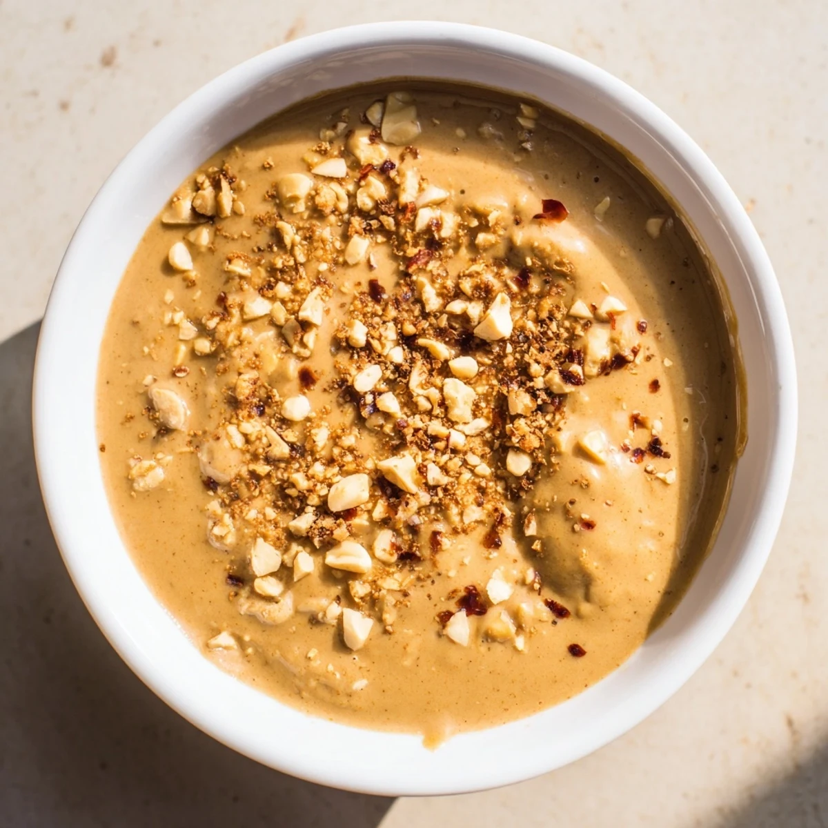 A close-up of glossy Indonesian satay sauce, thick and aromatic, ready to serve with grilled proteins.