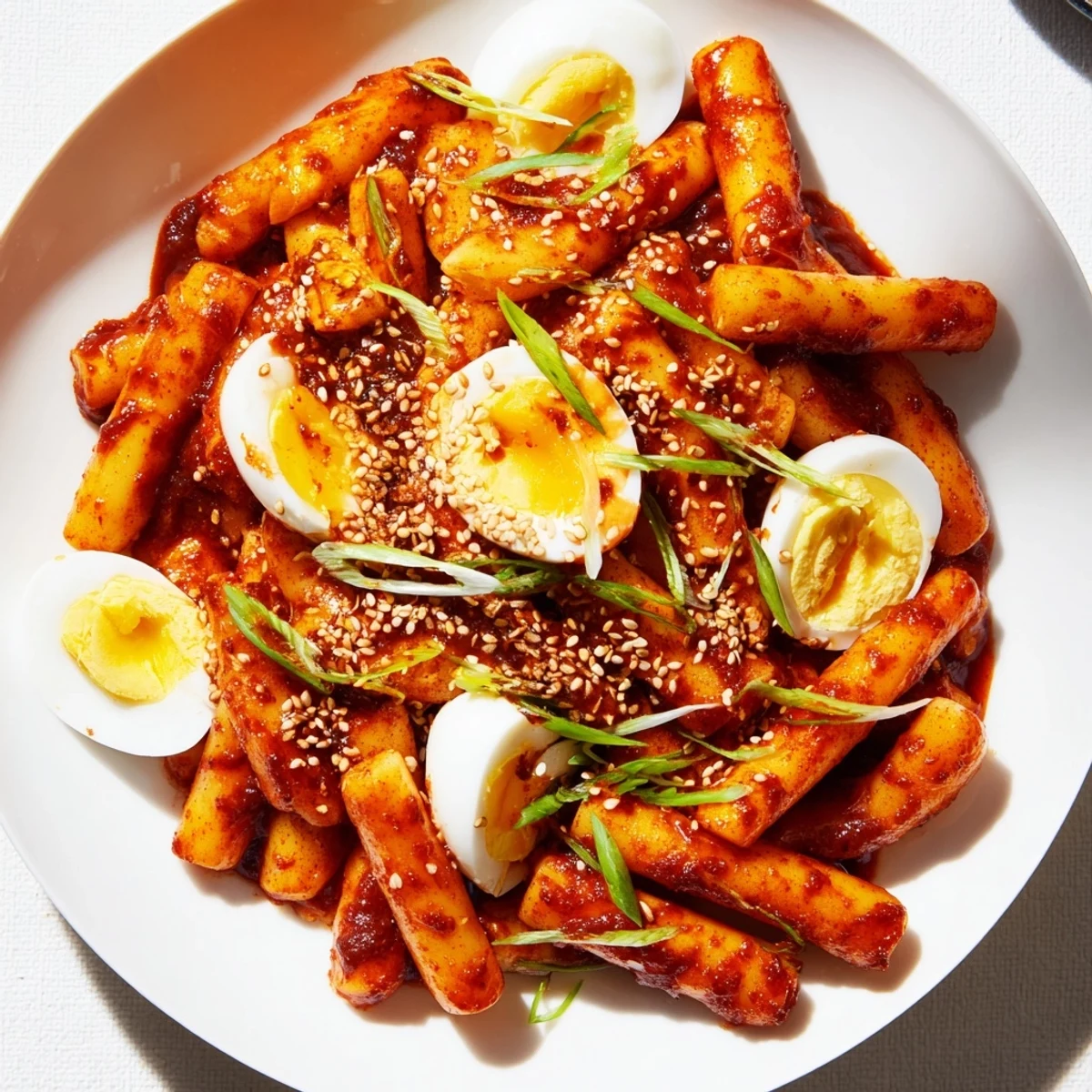 Steaming Korean Tteokbokki: Chewy rice cakes glistening in a fiery red, spicy gochujang sauce.