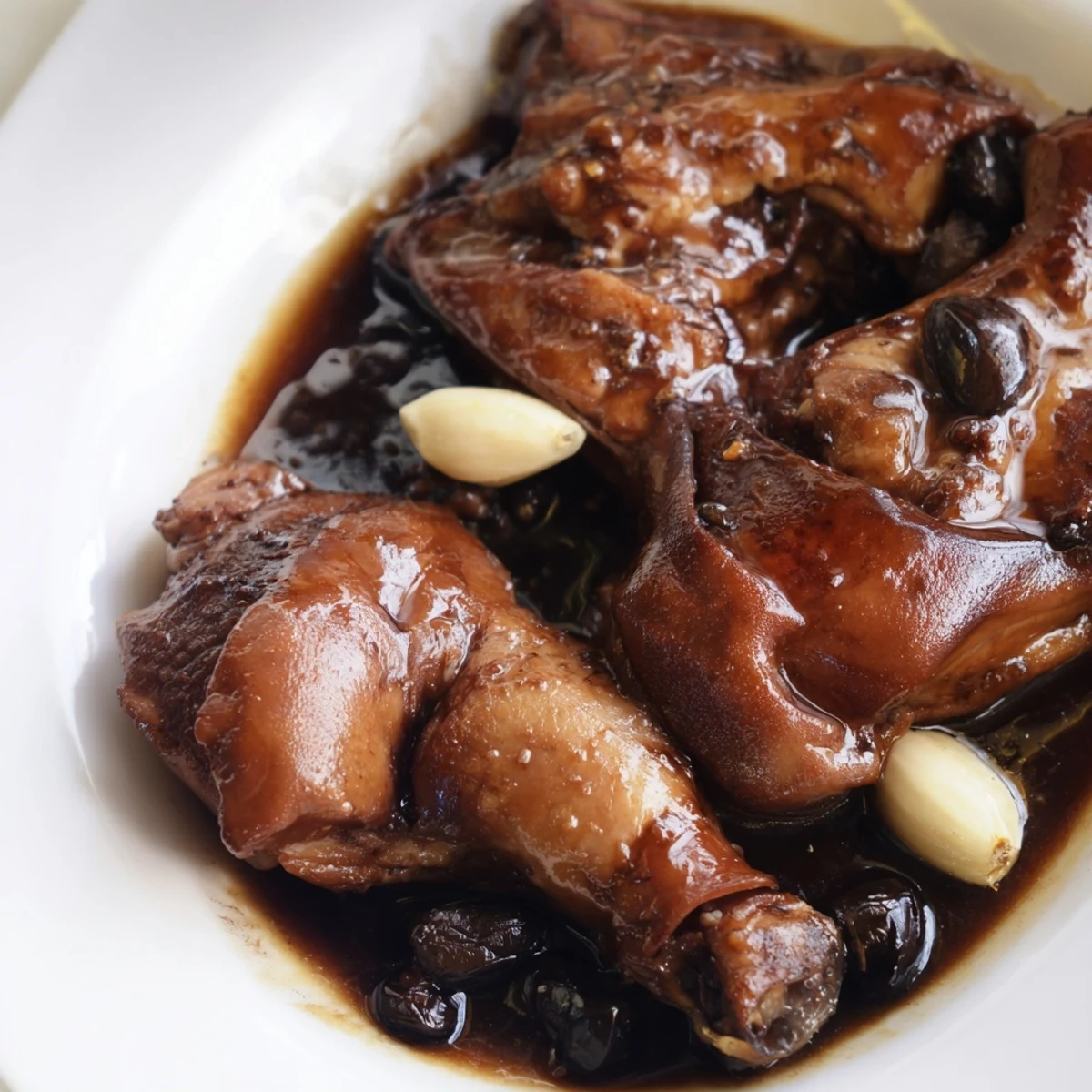 Tender Filipino Chicken Adobo glistening with savory sauce, served atop a bed of fluffy white rice.