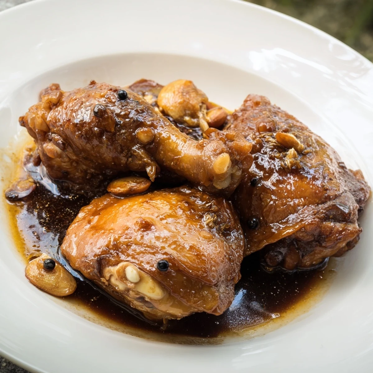 Golden-brown chicken thighs simmered in classic Filipino adobo sauce, ready for serving with scallions.
