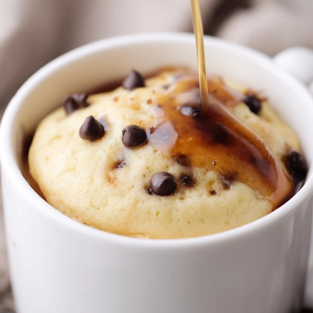 Golden, fluffy Microwave Mug Pancakes, ready to be devoured with fresh blueberries and syrup.