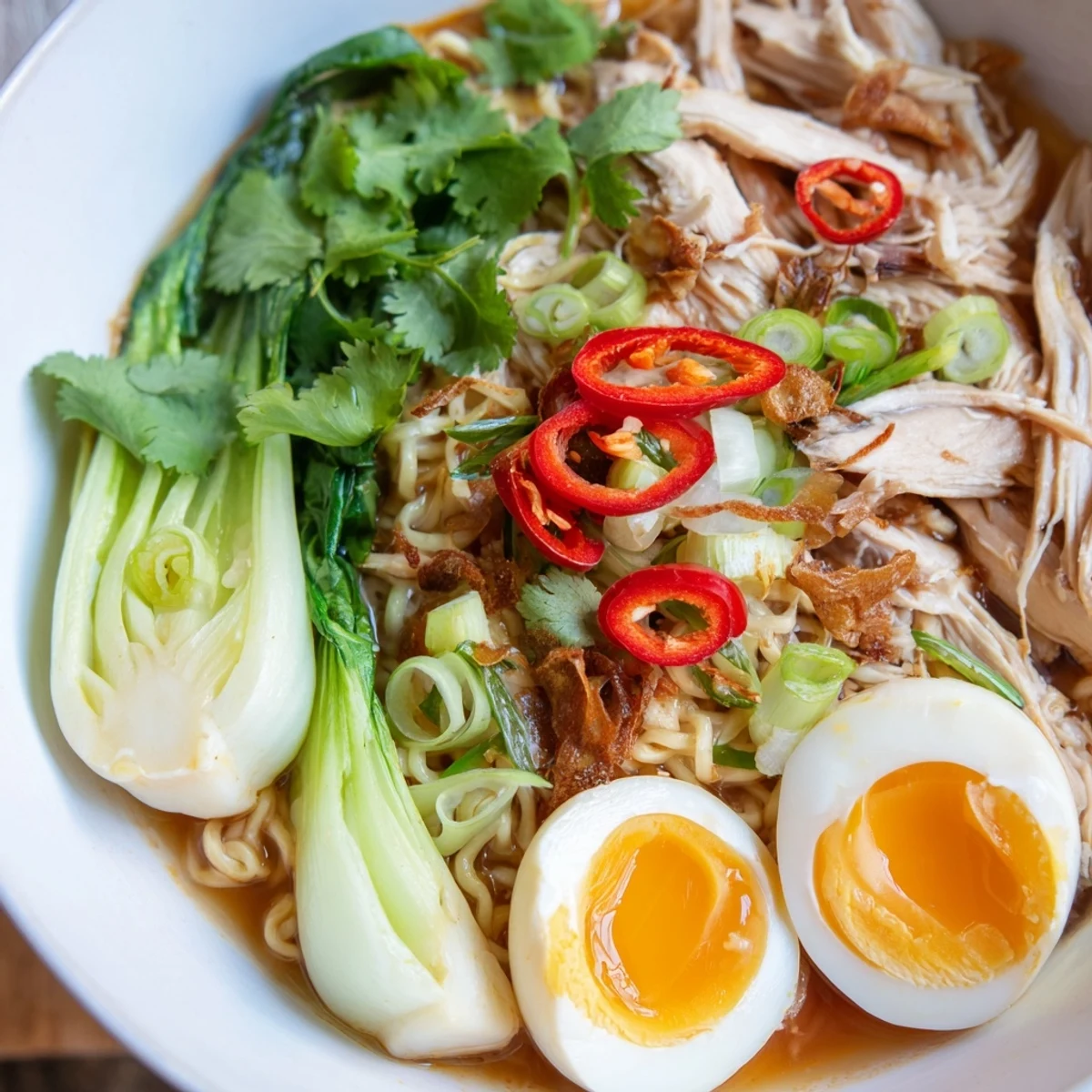 Enjoy a comforting bowl of Thai Miso Ramen, featuring savory chicken and fresh cilantro for lively flavors.