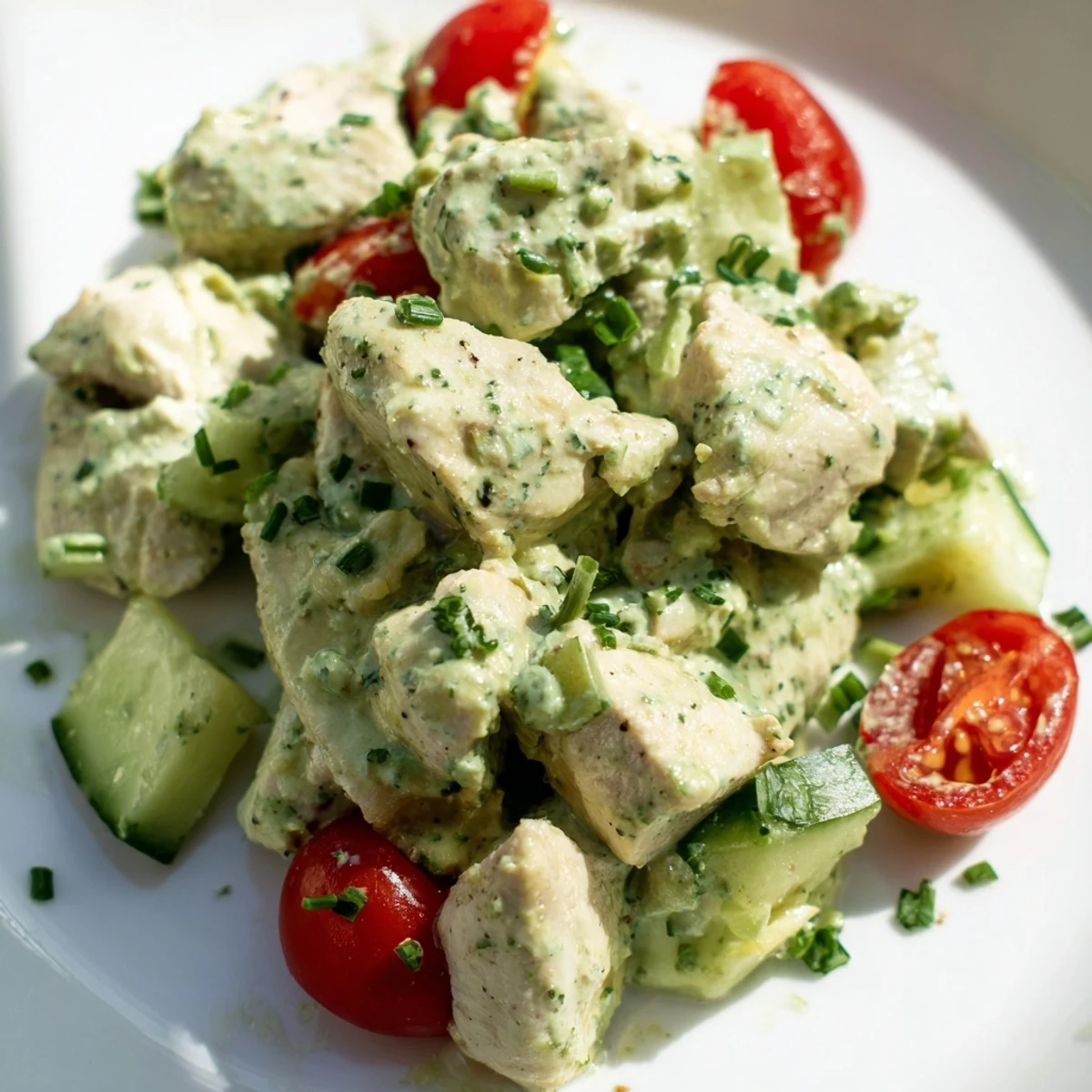 Creamy avocado ranch dressing coats tender chicken chunks, cherry tomatoes, cucumber, and crisp greens in this refreshing Avocado Ranch Chicken Salad.  