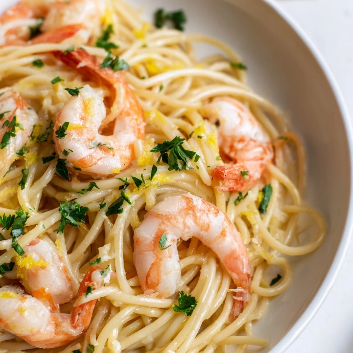 Bright, juicy shrimp glistening in a lemon garlic butter sauce, tossed with al dente spaghetti and fresh parsley on a white plate.