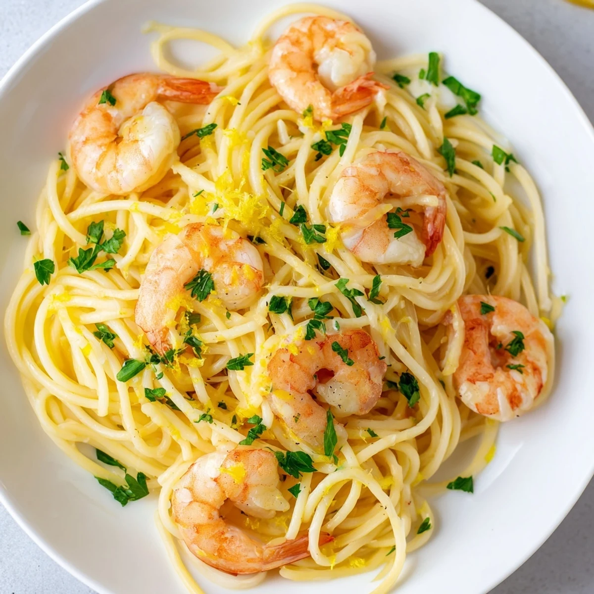 Steaming Lemon Garlic Shrimp Pasta served in a shallow bowl, garnished with chopped parsley and lemon wedges, ready for a weeknight dinner.