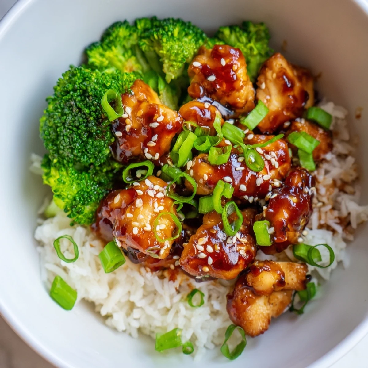 Sweet Chili Chicken Bowl with tender glazed chicken, fluffy rice, and steamed broccoli served in a white ceramic bowl.