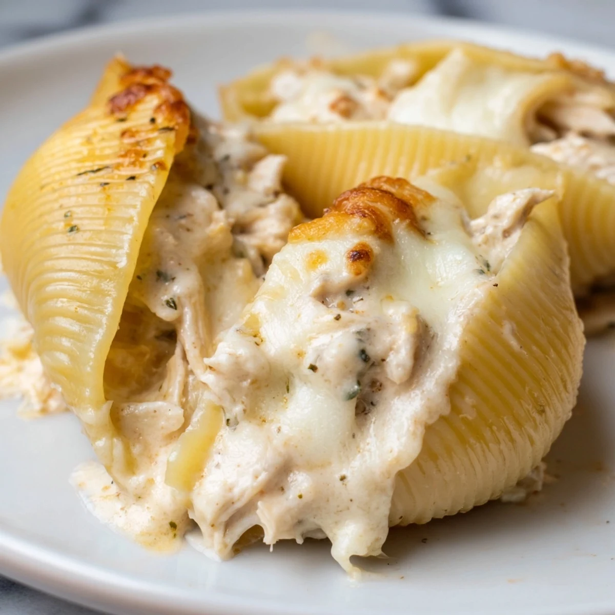 Golden-baked Chicken Alfredo Stuffed Shells topped with melted cheese and fresh parsley in a dish.