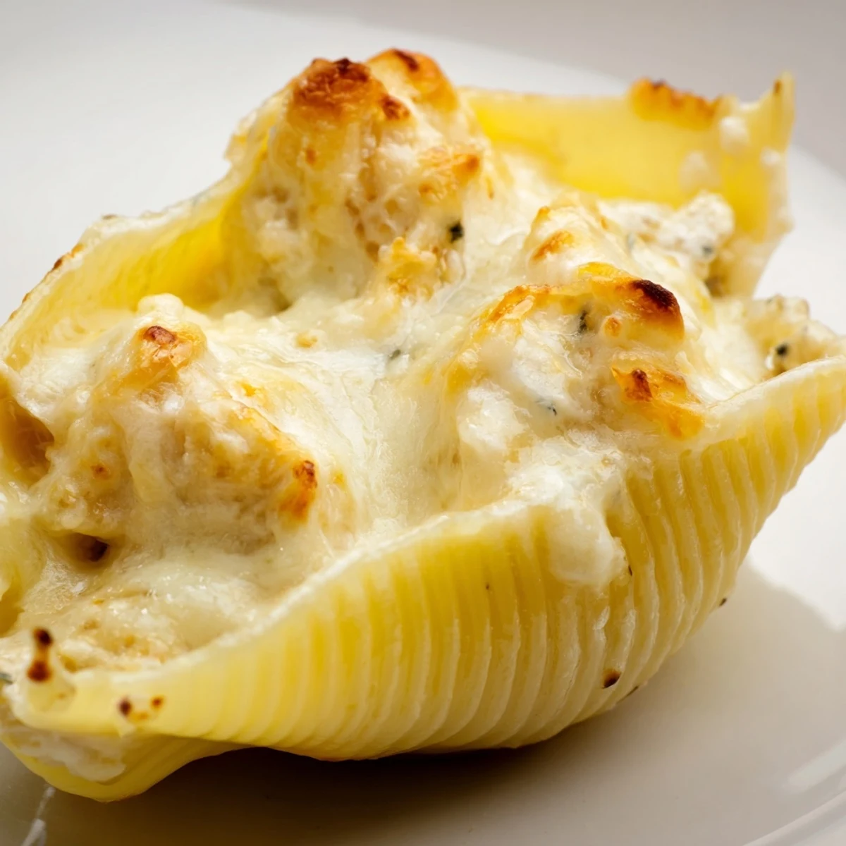 Ricotta and chicken-filled Chicken Alfredo Stuffed Shells coated in rich sauce, bubbling from the oven.