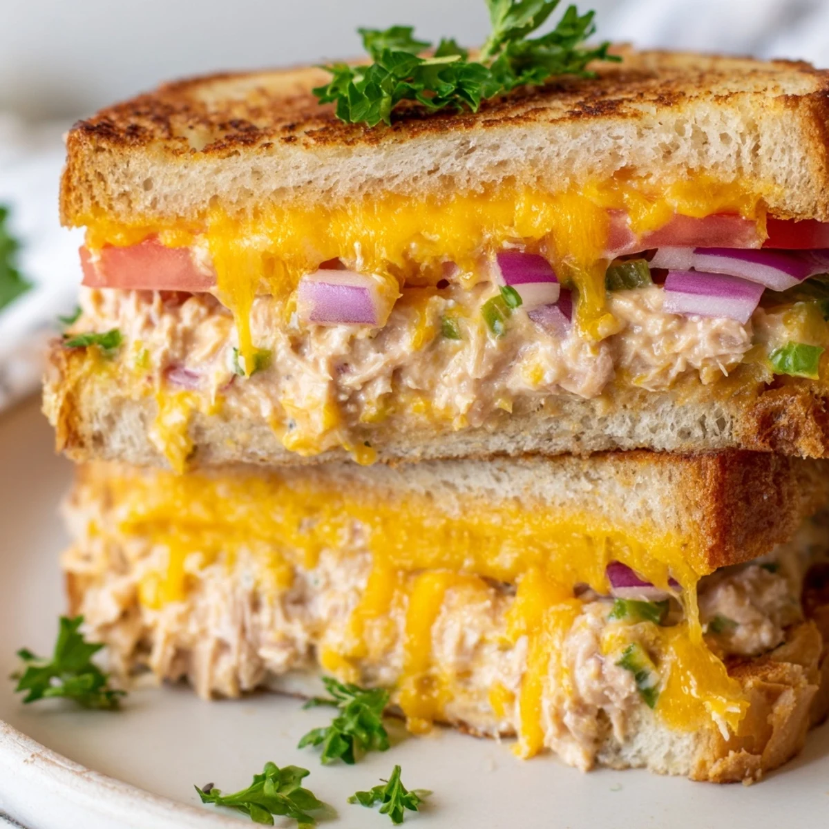 Fresh red onion and celery flecks peek through the bright orange melted cheese in a close-up of a hearty Spicy Tuna Melt.  